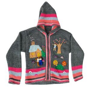 VintageHandmade Kids Colorful Embroidered Christmas Peruvian Hooded Cardigan S/M